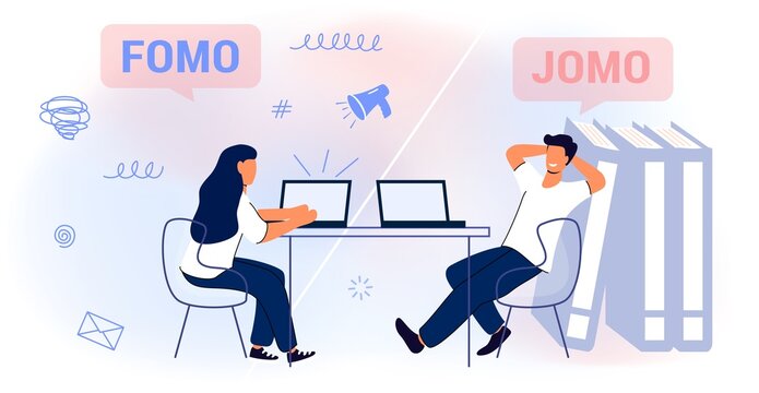 FOMO vs JOMO Fear of missing out vs Joy of missing out Differences between Fomo and Jomo life Vector illustration flat style concept Law of attraction Psychological safety Well-being Personal comfort