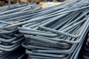 Reinforcement steel rod at construction site. Construction rebar steel work reinforcement. Rebar texture. Reinforcement steel rod. Rusty rebar for concrete pouring