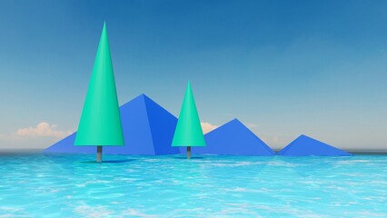 Children's water park with geometric shapes 3d render