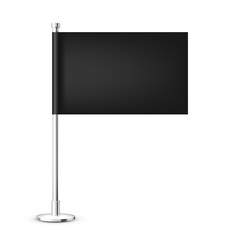 Realistic table flag on a chrome steel pole. Blank black desk flag made of paper or fabric. Shiny metal stand. Mockup for promotion and advertising. Vector illustration