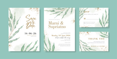 Fototapeta na wymiar Wedding invitation template with beautiful watercolor eucalyptus