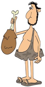 Illustration of a caveman holding a giant cooked bird drumstick.