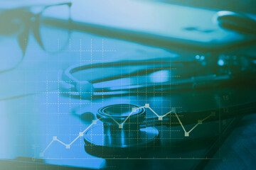 Medical examination and healthcare business graph, health information analytics, healthcare marketing strategy