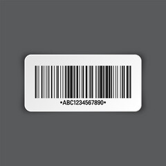 Realistic barcode sticker on gray background. Identification tracking code. Serial number, product ID with digital information. Store or supermarket scan labels, price tag. Vector illustration.