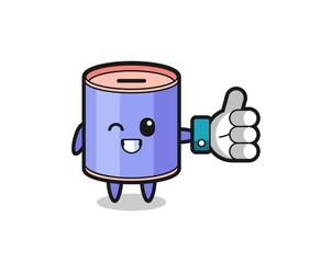 cute cylinder piggy bank with social media thumbs up symbol