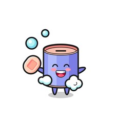 cylinder piggy bank character is bathing while holding soap