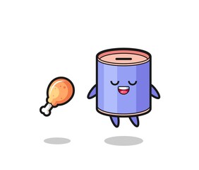 cute cylinder piggy bank floating and tempted because of fried chicken