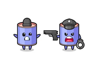 illustration of cylinder piggy bank robber with hands up pose caught by police