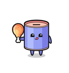 cylinder piggy bank cute mascot is eating a fried chicken