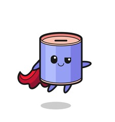 cute cylinder piggy bank superhero character is flying