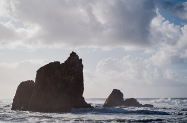 Cliffs and rocks on the Atlantic ocean coast - Praia da Ursa beach, Portugal.