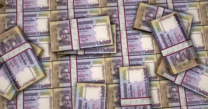 Bangladeshi Crown banknotes 3d animation. Camera view from close to long distance. BDT money packs. Concept of inflation, economy, crisis, business, banking, debt and finance in Bangladesh.