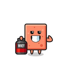 the muscular brick character is holding a protein supplement