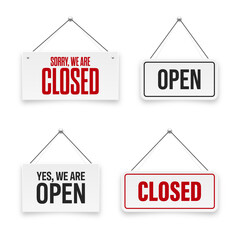 Realistic open or closed hanging signboards. Vintage door sign for cafe, restaurant, bar or retail store. Announcement banner, information signage for business or service. Vector illustration