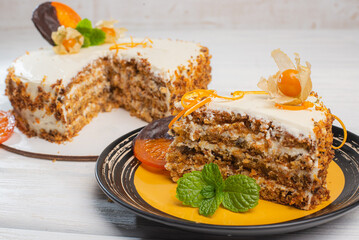 A piece of cake on a plate. baked cake
