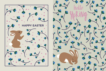 Easter Greeting Card Design Set. Vector Illustration of Cute Bunny and Florals. Easter Rabbit Holiday Poster