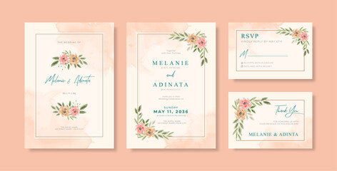 Beautiful wedding invitation template with floral bouquet watercolor