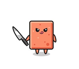 cute brick mascot as a psychopath holding a knife