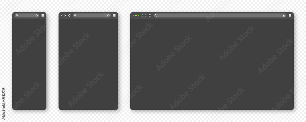 Poster blank web browser window with toolbar and search field. modern website, internet page in flat style.
