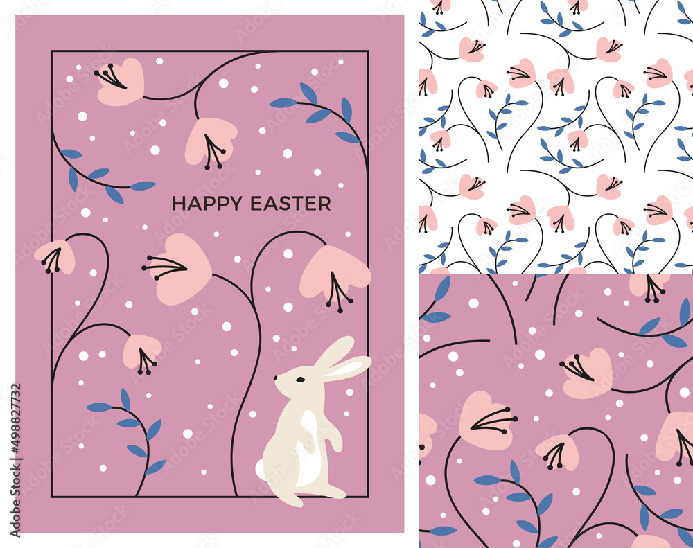 Poster easter greeting card design and set of patterns. vector illustration of cute bunny and florals. east