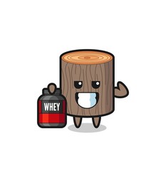 the muscular tree stump character is holding a protein supplement