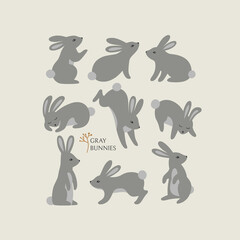 Happy Easter Set with Rabbits. Illustration of Bunnies in Pastel Colors. Modern Minimal Style. For Kids Poster, Greeting Card and Holiday Decoration