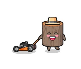 illustration of the tree stump character using lawn mower