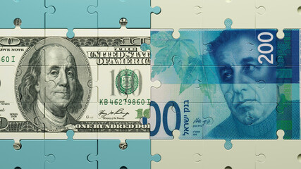 Puzzle-shaped American 100 dollar bill and 200 Israeli shekel banknote. Horizontal composition. - obrazy, fototapety, plakaty
