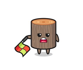 tree stump character as line judge hold the flag down at a 45 degree angle