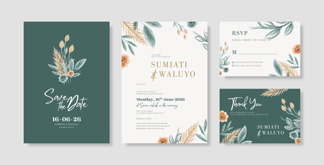 Elegant wedding invitation template with watercolor eucalyptus
