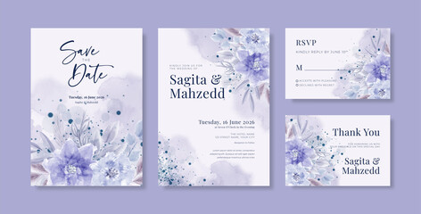 Fototapeta na wymiar Beautiful purple wedding invitation template with floral bouquet watercolor