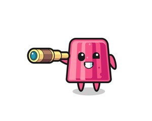 cute jelly character is holding an old telescope