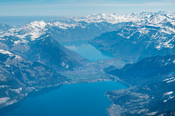 aerial view of Lake Thun, Interlaken and Lake Brienz - obrazy, fototapety, plakaty
