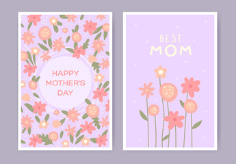 Happy mother's day Greeting Card set with spring flowers. Hand drawn vector cover, poster, banner or cards for the holiday moms