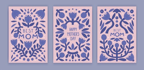 Happy mother's day Greeting Card set with trandy abstract flowers. Hand drawn vector cover, poster, banner or cards for the holiday moms
