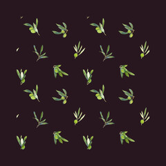 Seamless olives watercolor pattern. Hand drawing branch of olives isolated on black.