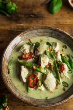 Homemade Thai green chicken curry in a bowl