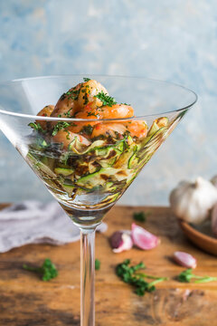 Chilli Garlic Prawns Starter in a cocktail glass