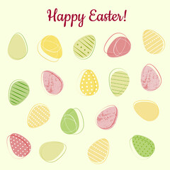 Set of vector multicolor easter eggs on green background; The holiday postcard 