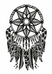 Dream catcher with threads, beads and feathers. Native american symbol in boho style. Vector tribal illustration. Ethnic indian dreamcatcher silhouette.