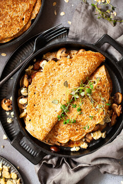 North Staffordshire Oatcake Pancakes With Blue Cheese, Mushrooms And Thyme.