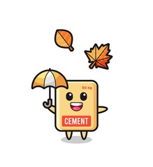 cartoon of the cute cement sack holding an umbrella in autumn
