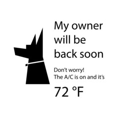 Sign in a car with a dog, do not worry my owner will be back soon. The air conditioner is on sign illustration