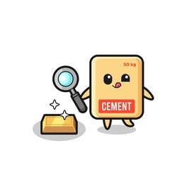 cement sack character is checking the authenticity of the gold bullion