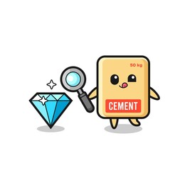 cement sack mascot is checking the authenticity of a diamond