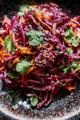 Red cabbage salad in a large textured plate, view from above
