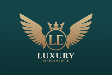 Luxury royal wing Letter LE crest Gold color Logo vector, Victory logo, crest logo, wing logo, vector logo template. - obrazy, fototapety, plakaty