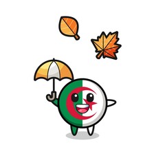 cartoon of the cute algeria flag holding an umbrella in autumn