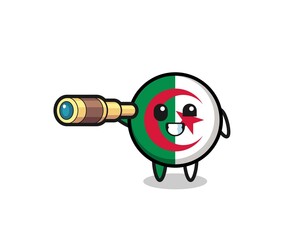 cute algeria flag character is holding an old telescope