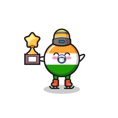 india flag cartoon as an ice skating player hold winner trophy